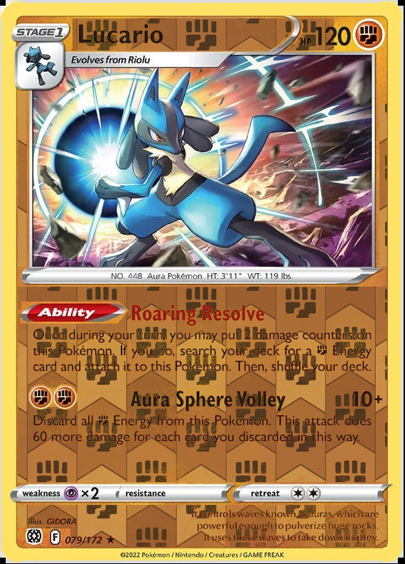 Lucario 079/172, Brilliant Stars, Reverse Holo finish, representative matte composite