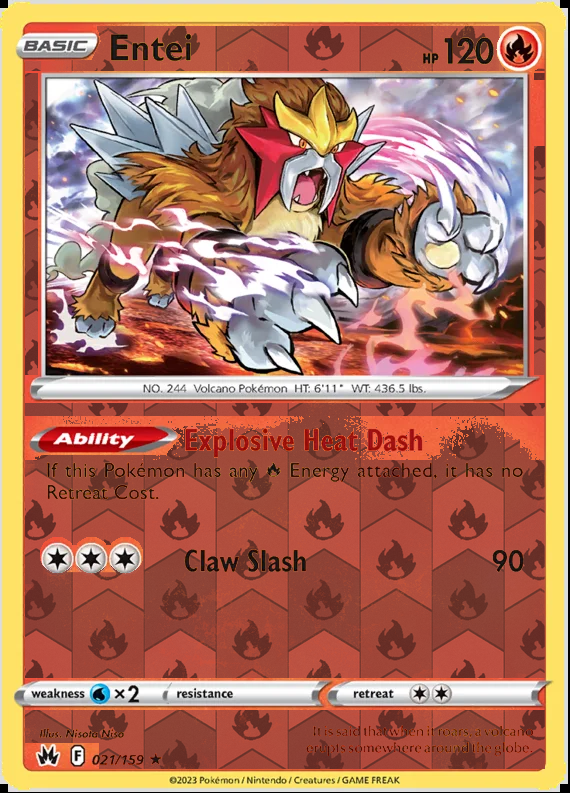 Entei 021/159, Crown Zenith, Reverse Holo finish, representative matte composite