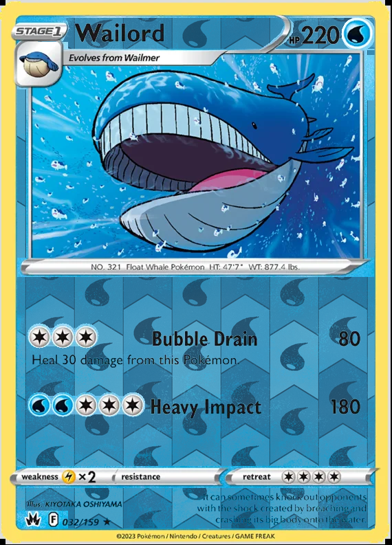 Wailord 032/159, Crown Zenith, Reverse Holo finish, representative matte composite