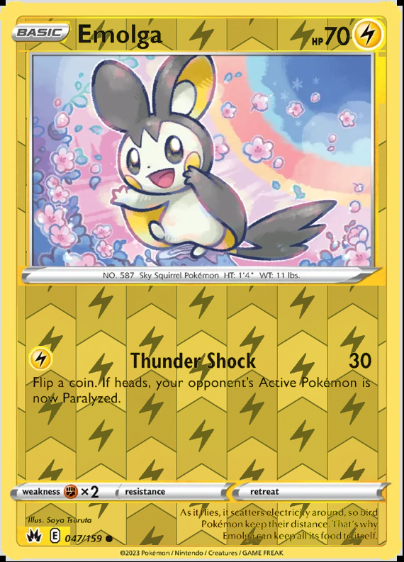 Emolga 047/159, Crown Zenith, Reverse Holo finish, representative matte composite