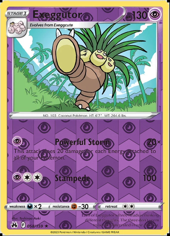 Exeggutor 058/159, Crown Zenith, Reverse Holo finish, representative matte composite