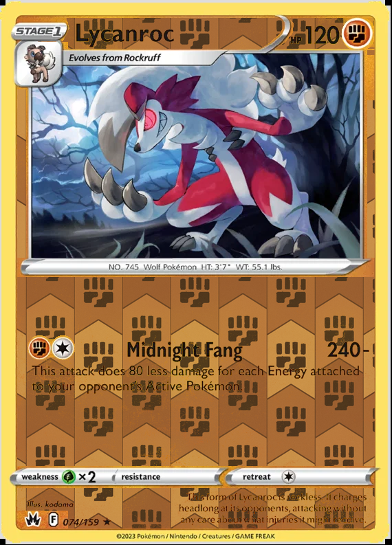 Lycanroc 074/159, Crown Zenith, Reverse Holo finish, representative matte composite