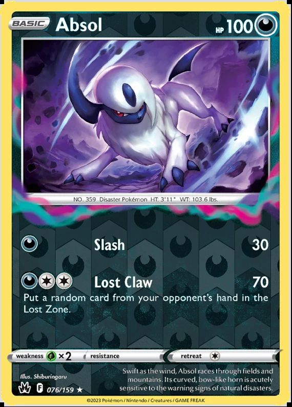 Absol 076/159, Crown Zenith, Reverse Holo finish, representative matte composite