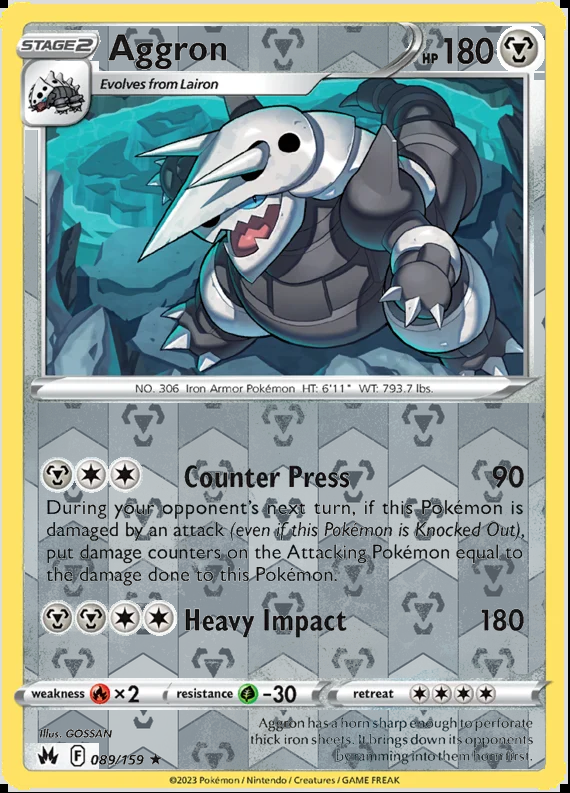 Aggron 089/159, Crown Zenith, Reverse Holo finish, representative matte composite