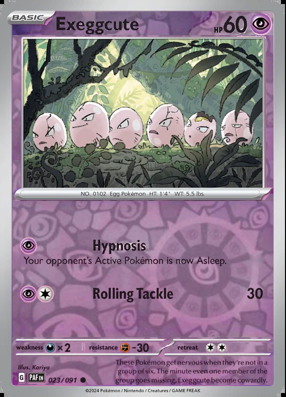 Exeggcute 023/091, Paldean Fates, Reverse Holo, representative matte composite