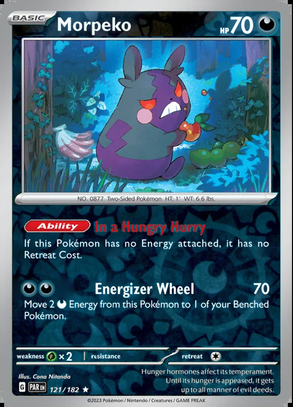 Morpeko 121/182, Paradox Rift, Reverse Holo, representative matte composite