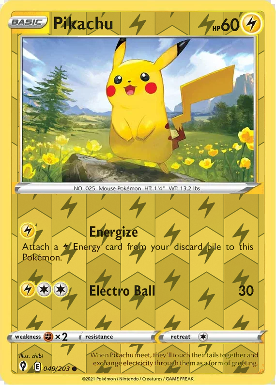 Pikachu 049/203, Evolving Skies, Reverse Holo, representative matte composite; not an authentic reflective foil scan.
