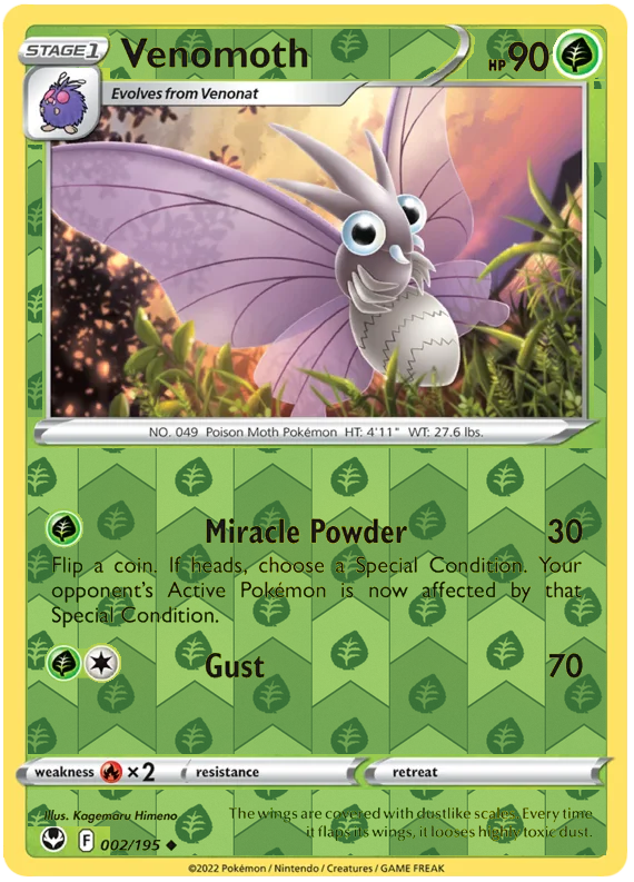 Venomoth 002, Silver Tempest Base, Reverse Holo, representative matte composite
