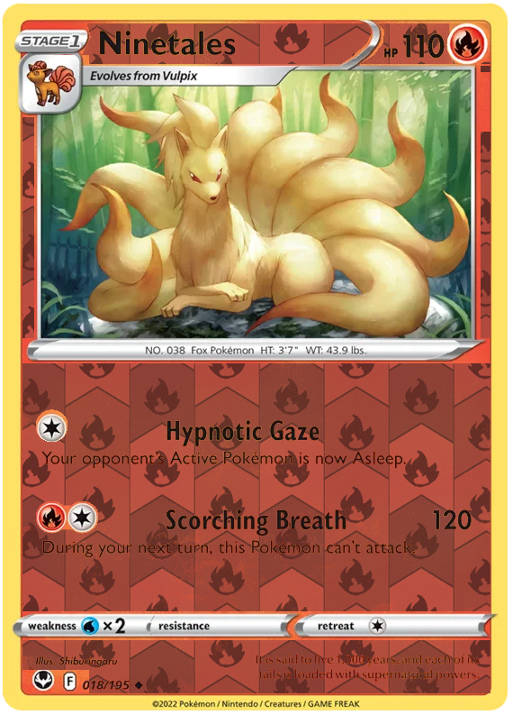 Ninetales 018, Silver Tempest Base, Reverse Holo, representative matte composite