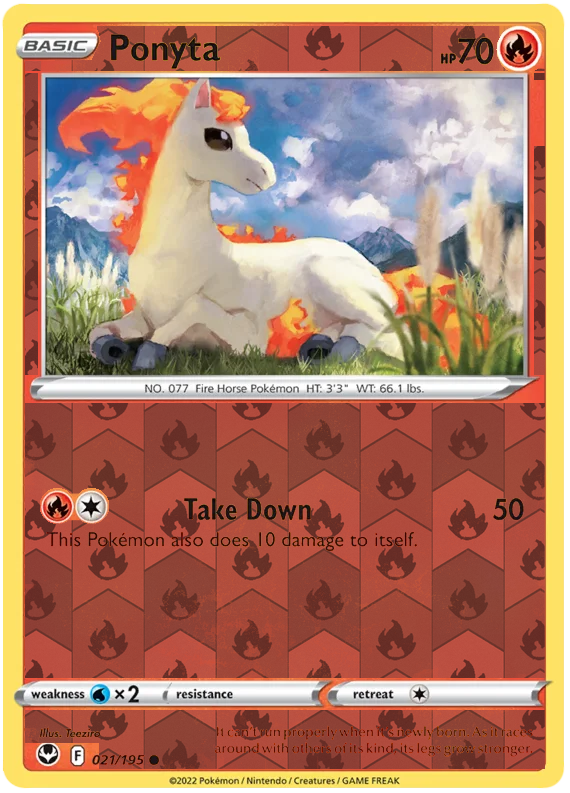 Ponyta 021, Silver Tempest Base, Reverse Holo, representative matte composite