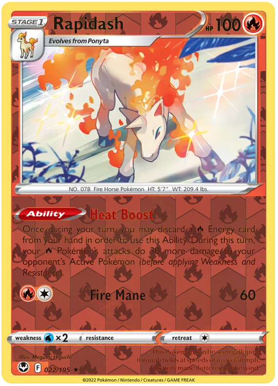 Rapidash 022, Silver Tempest Base, Reverse Holo, representative matte composite
