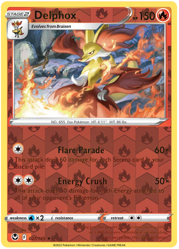 Delphox 027, Silver Tempest Base, Reverse Holo, representative matte composite