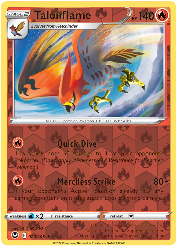 Talonflame 029, Silver Tempest Base, Reverse Holo, representative matte composite