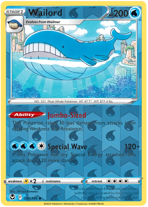 Wailord 038, Silver Tempest Base, Reverse Holo, representative matte composite