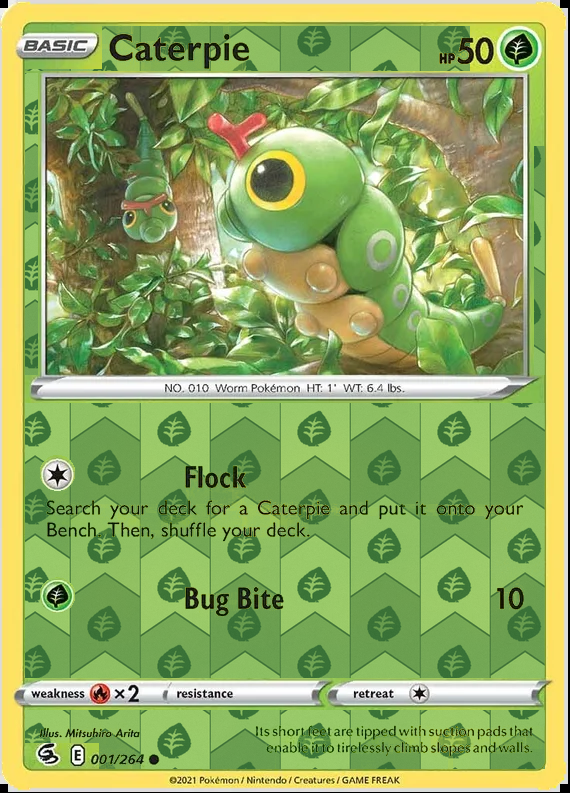 Caterpie 001/264, Fusion Strike, Reverse Holo finish, representative matte composite