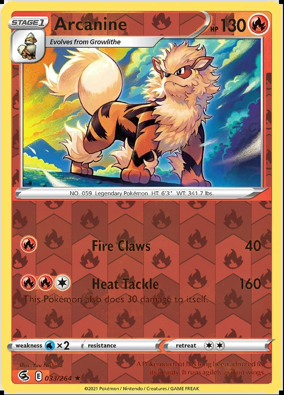Arcanine 033/264, Fusion Strike, Reverse Holo finish, representative matte composite