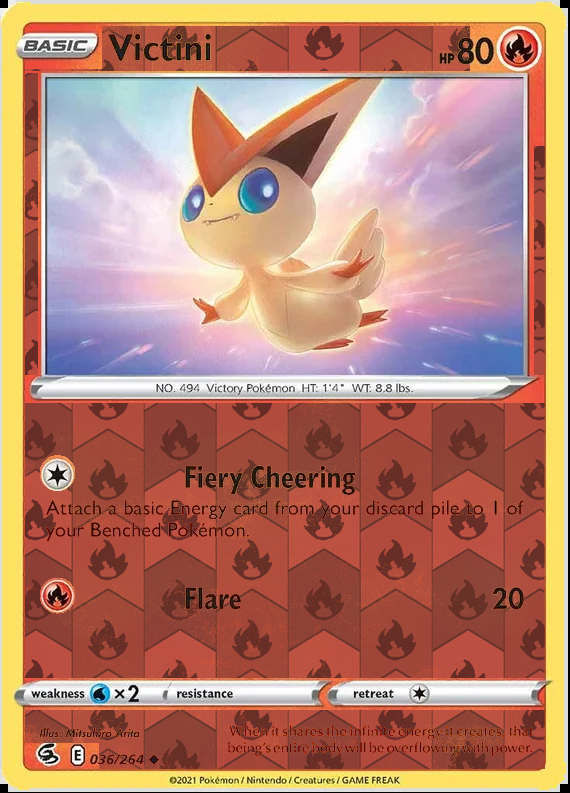 Victini 036/264, Fusion Strike, Reverse Holo finish, representative matte composite