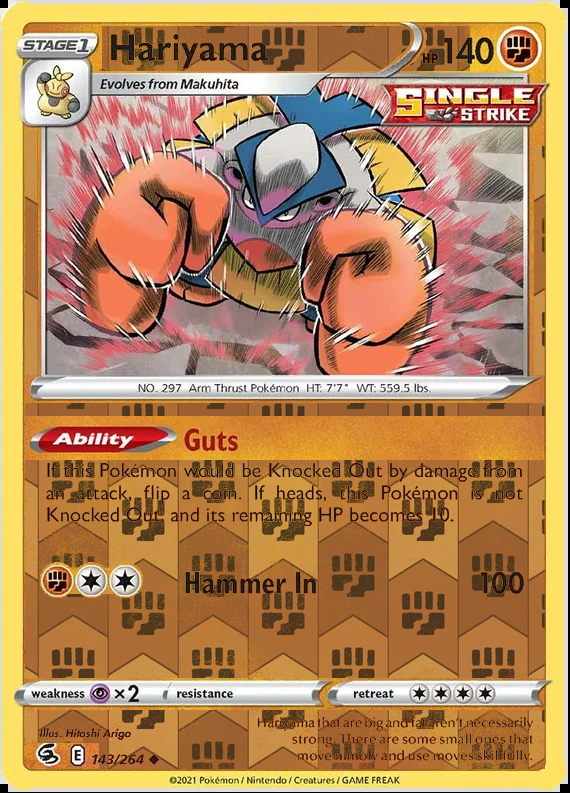 Hariyama 143/264, Fusion Strike, Reverse Holo finish, representative matte composite