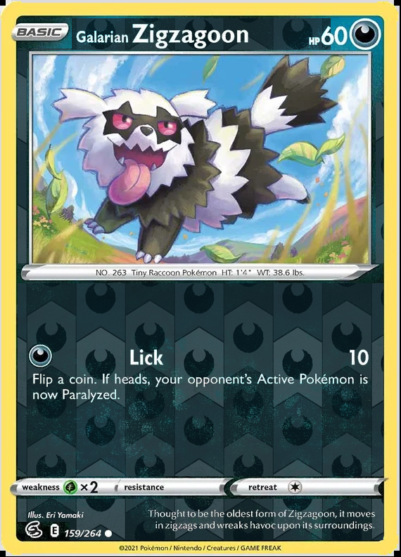 Galarian Zigzagoon 159/264, Fusion Strike, Reverse Holo finish, representative matte composite