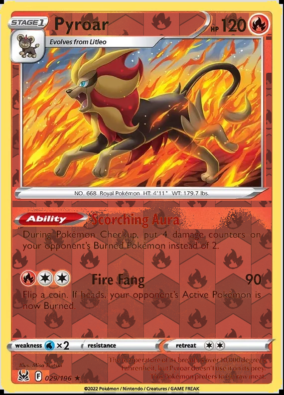 Pyroar 029/196, Lost Origin, Reverse Holo finish, representative matte composite