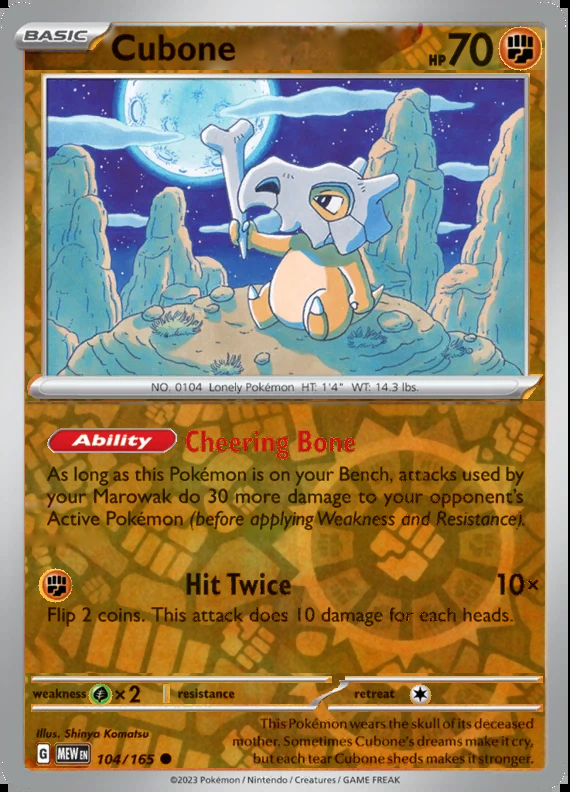 Cubone 104/165, Scarlet & Violet 151, Reverse Holo, representative matte composite