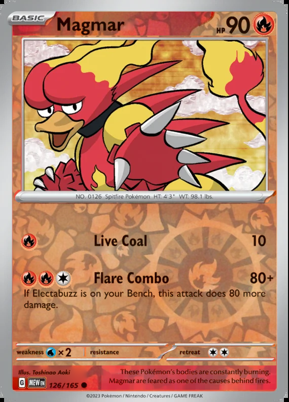 Magmar 126/165, Scarlet & Violet 151, Reverse Holo, representative matte composite