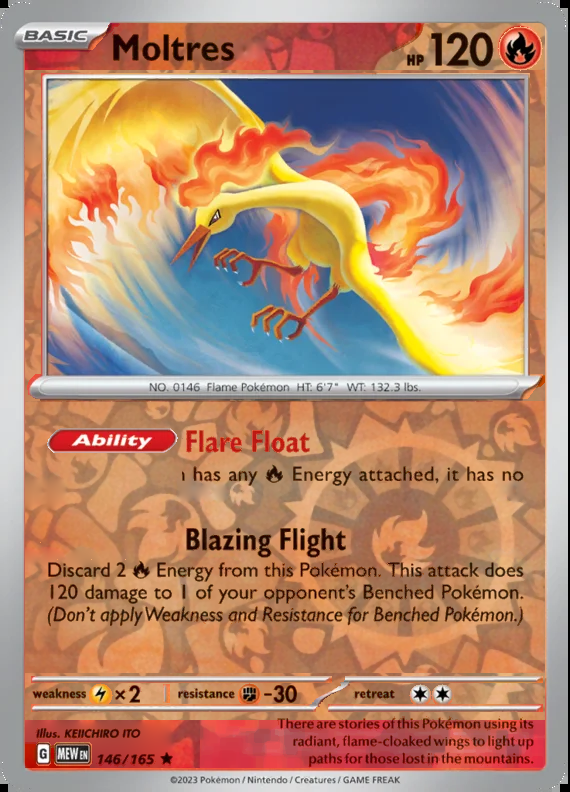 Moltres 146/165, Scarlet & Violet 151, Reverse Holo, representative matte composite