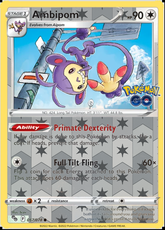 Ambipom 057/078, Pokémon GO, Reverse Holo finish, representative matte composite