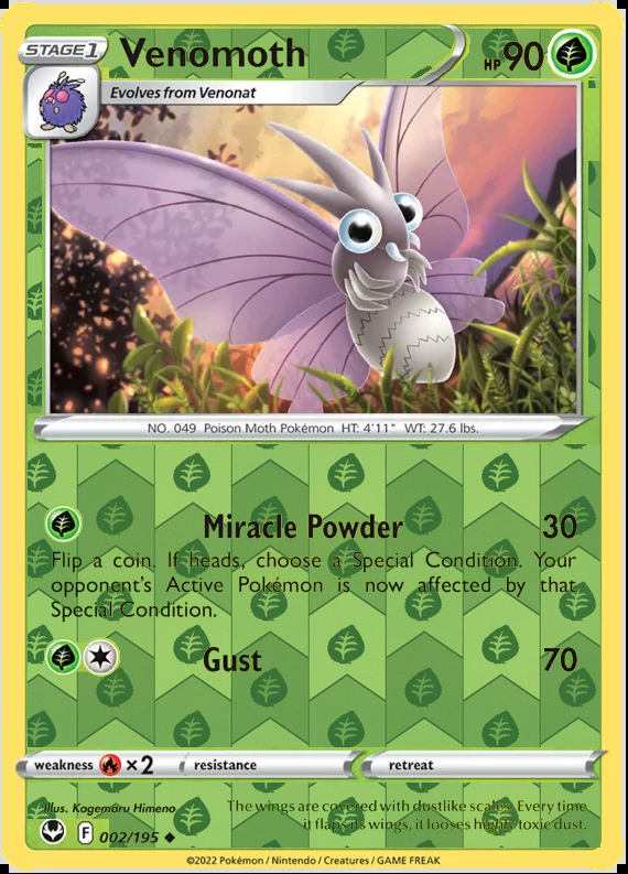 Venomoth 002/195, Silver Tempest, Reverse Holo finish, representative matte composite