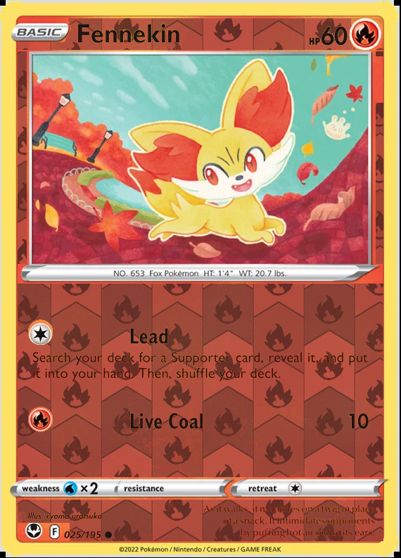 Fennekin 025/195, Silver Tempest, Reverse Holo finish, representative matte composite