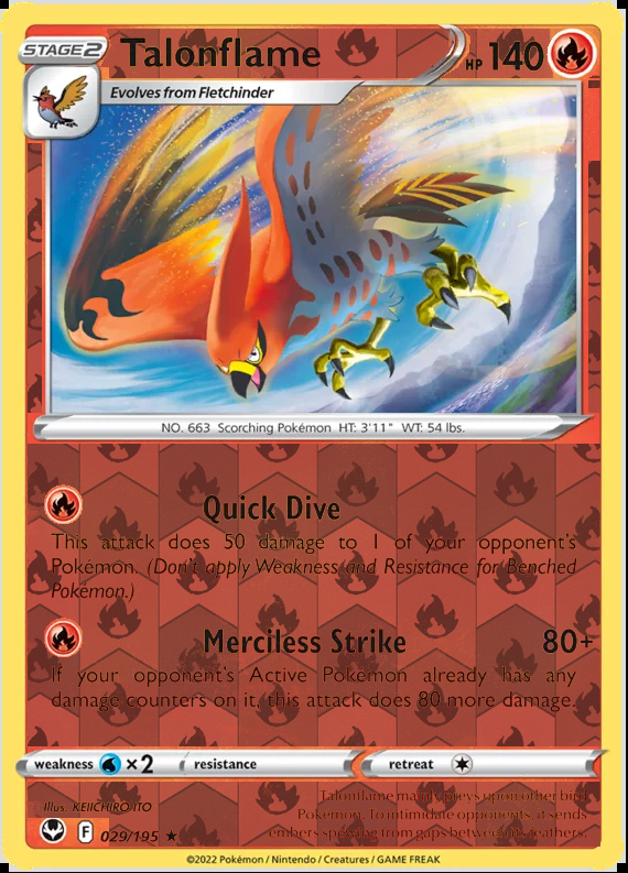 Talonflame 029/195, Silver Tempest, Reverse Holo finish, representative matte composite
