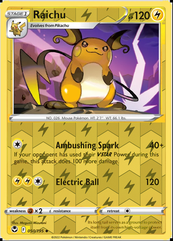 Raichu 050/195, Silver Tempest, Reverse Holo finish, representative matte composite