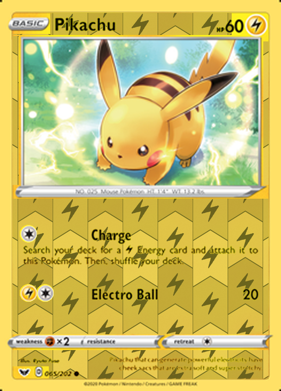 Pikachu 065/202, Sword & Shield Base Set, Reverse Holo finish, representative matte composite