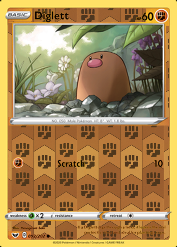 Diglett 092/202, Sword & Shield Base Set, Reverse Holo finish, representative matte composite