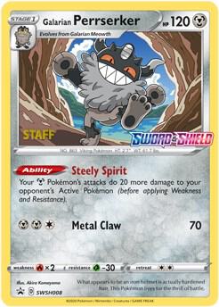 Galarian Perrserker (Prerelease) [Staff] SWSH008, Sword & Shield Promos, Holo, English Pokémon TCG card