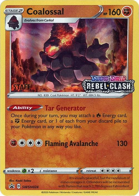 Coalossal (Prerelease) [Staff] SWSH024, Sword & Shield Promos, Holo, English Pokémon TCG card
