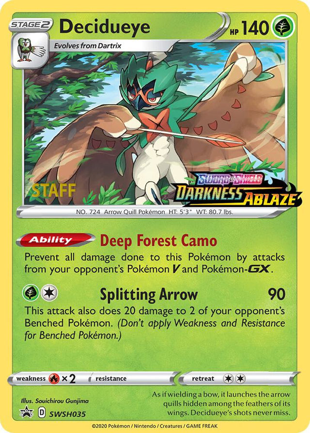 Decidueye (Prerelease) [Staff] SWSH035, Sword & Shield Promos, Holo, English Pokémon TCG card