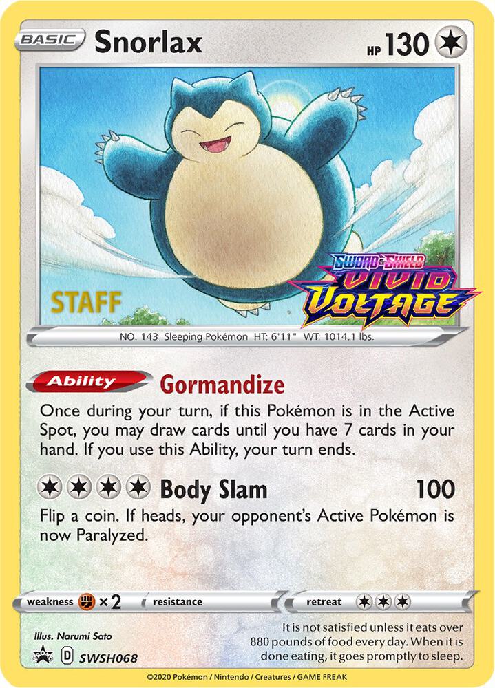 Snorlax (Prerelease) [Staff] SWSH068, Sword & Shield Promos, Holo, English Pokémon TCG card