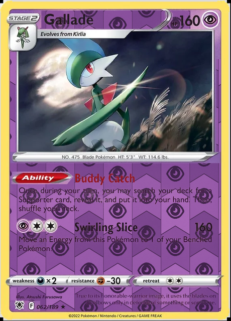 Gallade 062/189, Astral Radiance, Reverse Holo finish, representative matte composite