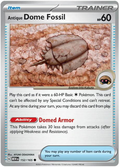 Antique Dome Fossil 151 Single Pokemon Card