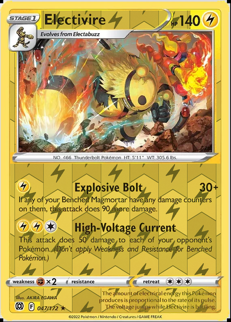 Electivire 047/172, Brilliant Stars, Reverse Holo finish, representative matte composite