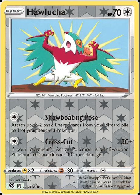 Hawlucha 127/172, Brilliant Stars, Reverse Holo finish, representative matte composite