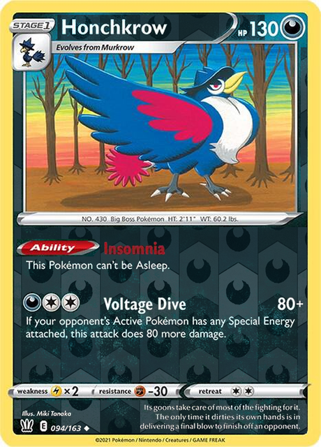 Honchkrow 094/163, Battle Styles, Reverse Holo finish, representative matte composite