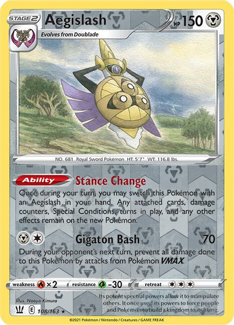 Aegislash (108) 108/163, Battle Styles, Reverse Holo finish, representative matte composite