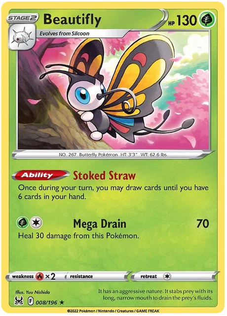 Beautifly Lost Origin Pokemon Single Card 008/196