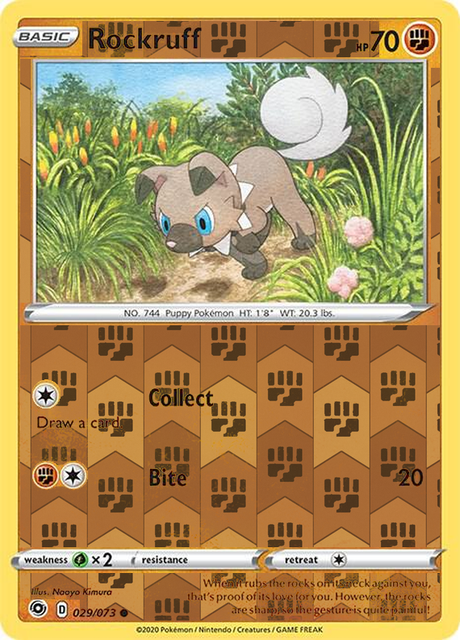 Rockruff 029/073, Champion’s Path, Reverse Holo finish, representative matte composite