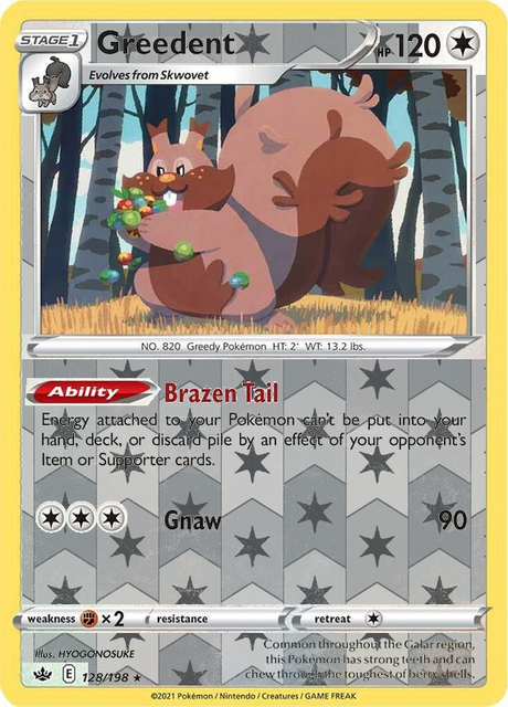 Greedent 128/198, Chilling Reign, Reverse Holo finish, representative matte composite
