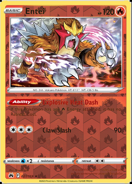 Entei 021/159, Crown Zenith, Reverse Holo finish, representative matte composite