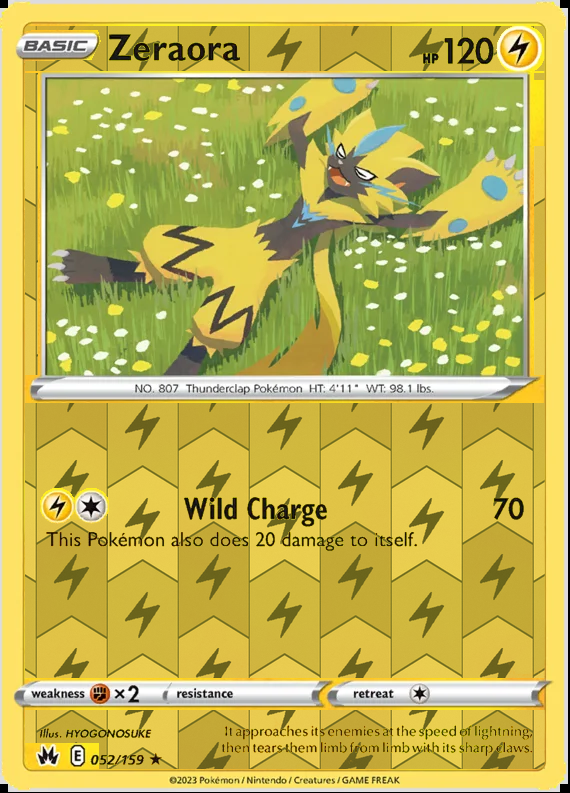 Zeraora 052/159, Crown Zenith, Reverse Holo finish, representative matte composite