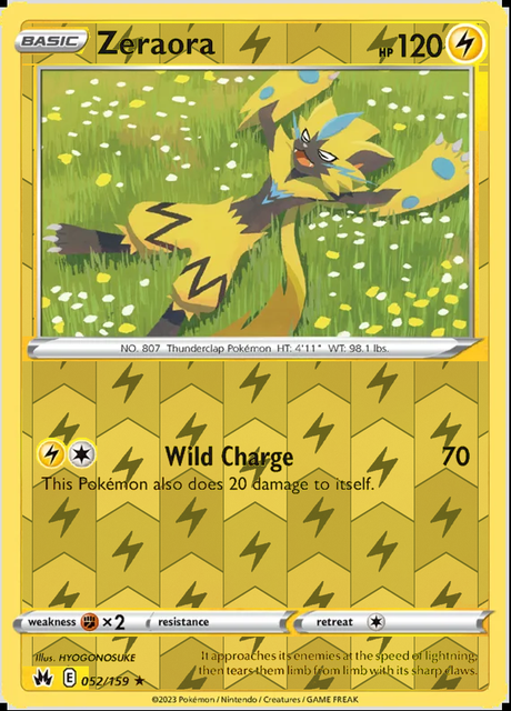 Zeraora 052/159, Crown Zenith, Reverse Holo finish, representative matte composite
